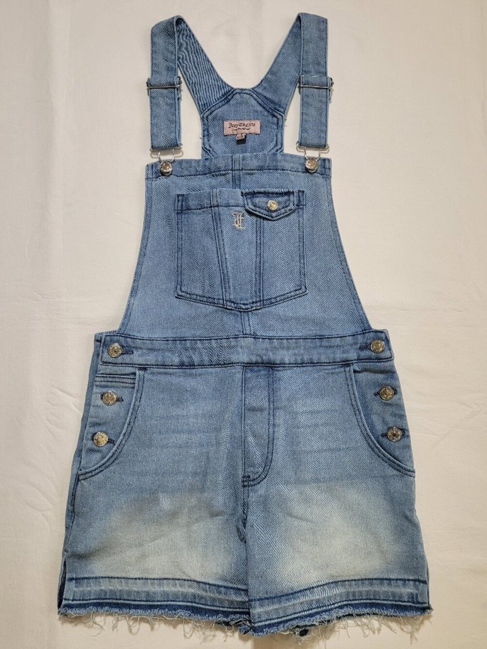 Juicy Couture Y2K Denim Short Overalls Raw Hem Medium Wash Small Streetwear - Picture 2 of 11